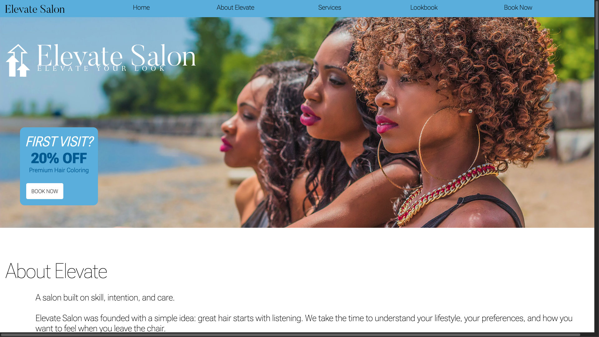 screenshot of Elevate Salon website: https://elevate-salon.netlify.app